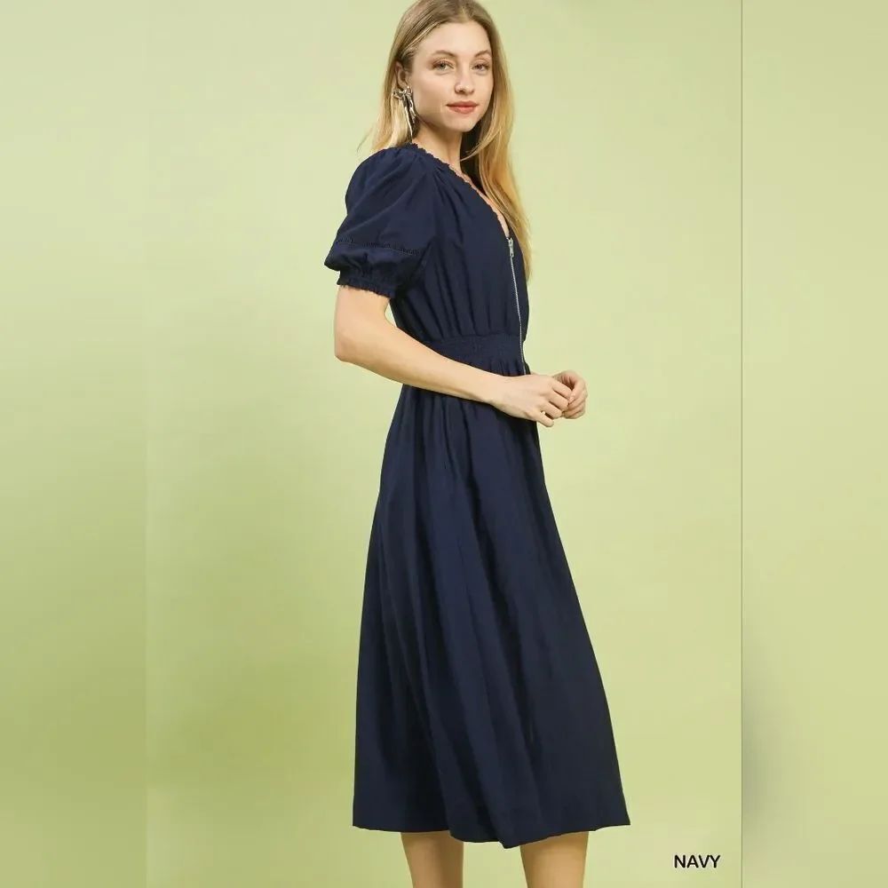 Umgee Women's Casual USA Umgee Zip-Front Smocked Waist Navy Blue Midi Dress Medi